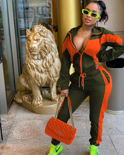 CM.YAYA Active Patchwork Ženska trenirka Trenirka s patentnim zatvaračem i Jogger hlače Odgovarajuće ležerne dvodijelne kombinacije Trenirka