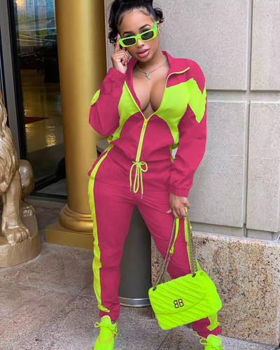 CM.YAYA Active Patchwork Ženska trenirka Trenirka s patentnim zatvaračem i Jogger hlače Odgovarajuće ležerne dvodijelne kombinacije Trenirka