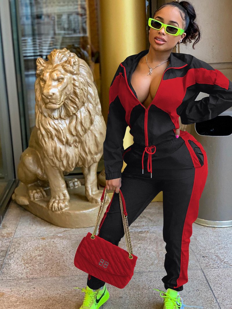 CM.YAYA Active Patchwork Ženska trenirka Trenirka s patentnim zatvaračem i Jogger hlače Odgovarajuće ležerne dvodijelne kombinacije Trenirka