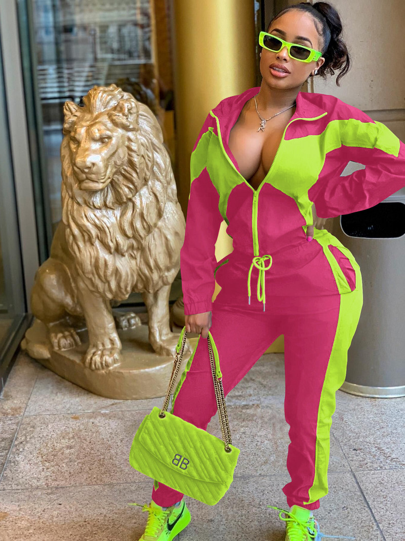 CM.YAYA Active Patchwork Ženska trenirka Trenirka s patentnim zatvaračem i Jogger hlače Odgovarajuće ležerne dvodijelne kombinacije Trenirka