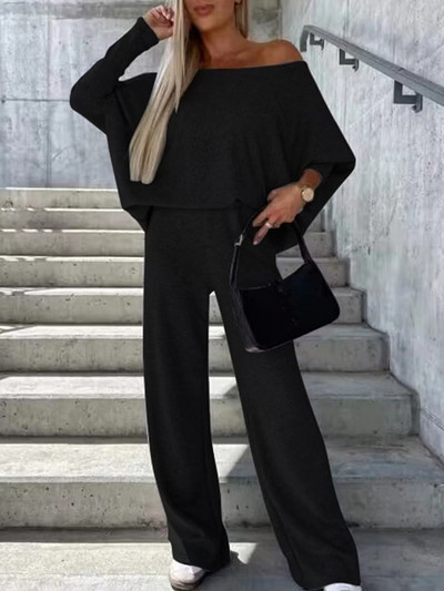 Skew Collar Fashion Loungewear apranga, Moterų rudens žiemos dviejų dalių tvirti derantys komplektai, laisvi ilgomis rankovėmis megztiniai viršutiniai kostiumai