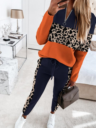 Módne dvojdielne súpravy Dámske outfity Jesenné kontrastné leopardie farebné bloky s dlhým rukávom a nohavicami so sťahovacou šnúrkou Súprava Zimná mikina