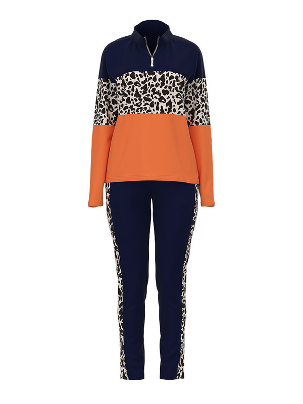 Módne dvojdielne súpravy Dámske outfity Jesenné kontrastné leopardie farebné bloky s dlhým rukávom a nohavicami so sťahovacou šnúrkou Súprava Zimná mikina