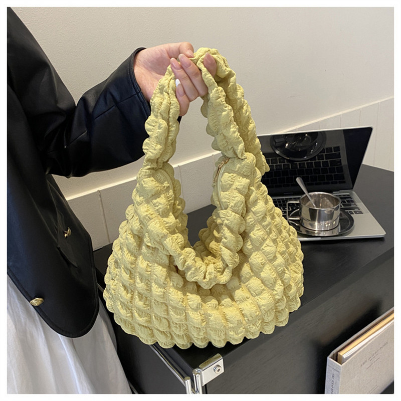 Geantă de mână matlasată cu carouri brodate, pentru femei, cu bule plisate, genți de umăr în nor