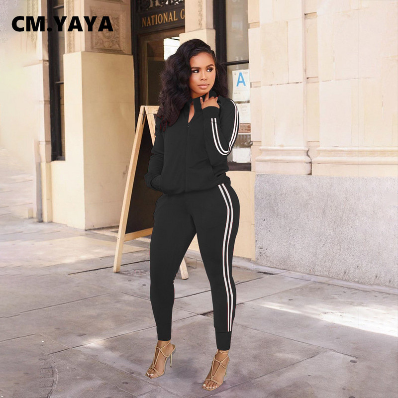 CM.YAYA Ležerni ženski set s prugama sa strane, trenirka s patentnim zatvaračem i odijelo s hlačama za trčanje, modna dvodijelna trenirka