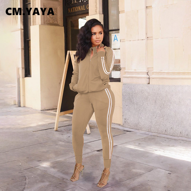 CM.YAYA Ležerni ženski set s prugama sa strane, trenirka s patentnim zatvaračem i odijelo s hlačama za trčanje, modna dvodijelna trenirka