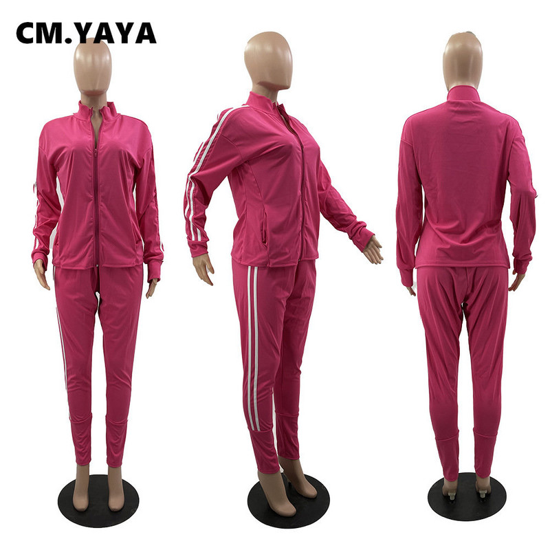 CM.YAYA Ležerni ženski set s prugama sa strane, trenirka s patentnim zatvaračem i odijelo s hlačama za trčanje, modna dvodijelna trenirka