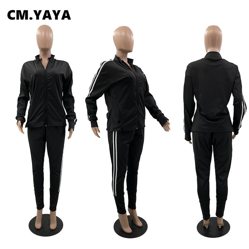 CM.YAYA Ležerni ženski set s prugama sa strane, trenirka s patentnim zatvaračem i odijelo s hlačama za trčanje, modna dvodijelna trenirka