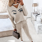 2 buc/set pantaloni costum femei ținute ocazional cu decolteu în V hanorace pantaloni cu bandă la gleznă Set două piese trening pentru femei Брючные костюмы