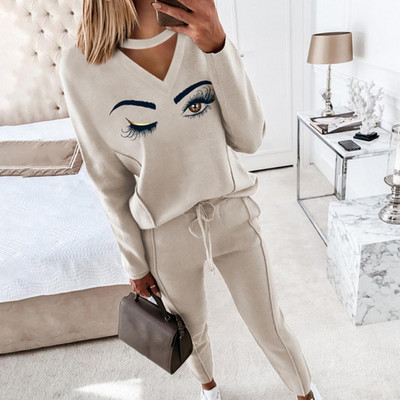 2 buc/set pantaloni costum femei ținute ocazional cu decolteu în V hanorace pantaloni cu bandă la gleznă Set două piese trening pentru femei Брючные костюмы