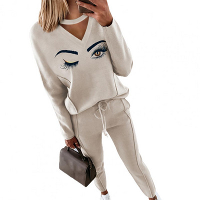 2 buc/set pantaloni costum femei ținute ocazional cu decolteu în V hanorace pantaloni cu bandă la gleznă Set două piese trening pentru femei Брючные костюмы
