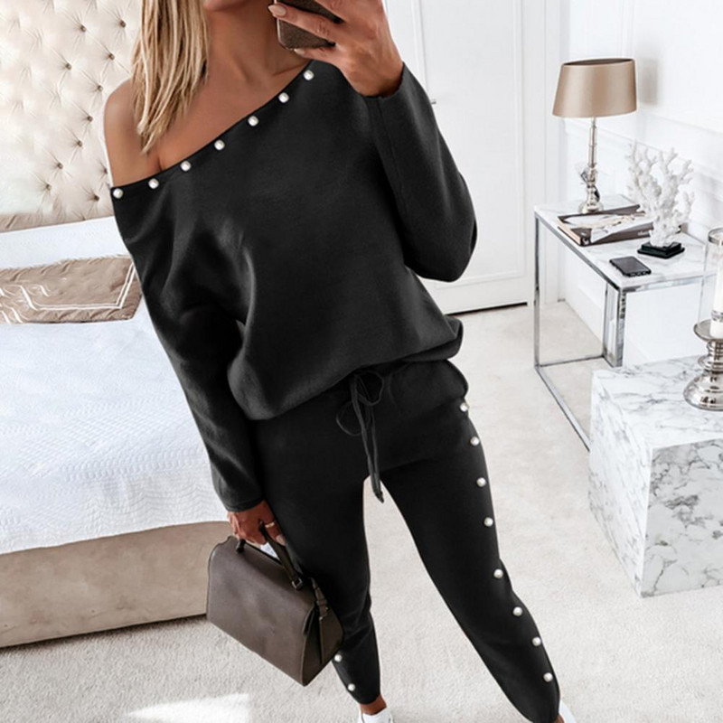 2 buc/set pantaloni costum femei ținute ocazional cu decolteu în V hanorace pantaloni cu bandă la gleznă Set două piese trening pentru femei Брючные костюмы