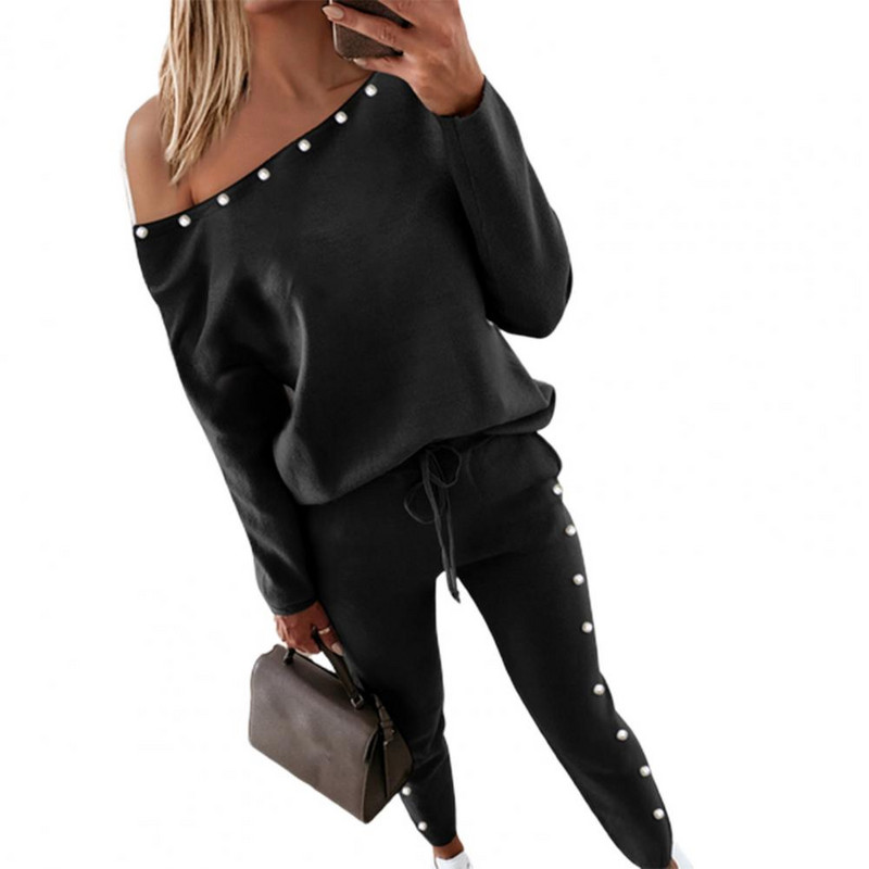 2 buc/set pantaloni costum femei ținute ocazional cu decolteu în V hanorace pantaloni cu bandă la gleznă Set două piese trening pentru femei Брючные костюмы