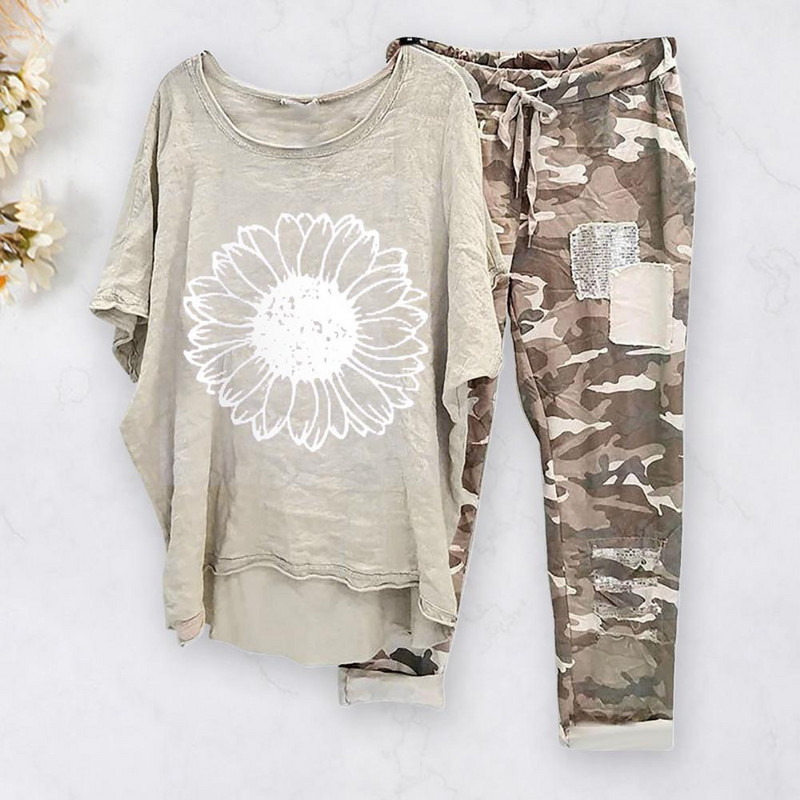 Madingas vasarinis kelnių kostiumas su apvaliu kaklu, raišteliu Moteriški marškinėlių kelnių rinkinys Netaisyklingas apvadas Vasarinių marškinėlių kelnių rinkinys