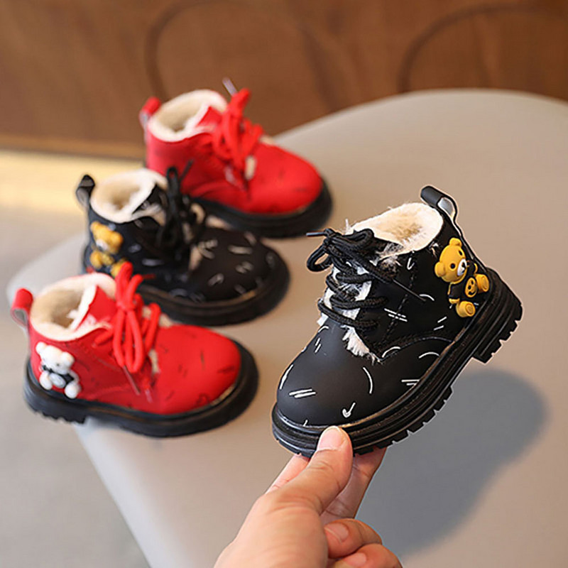 Cizme de zăpadă din pluș de iarnă pentru nou-născut din piele PU Urs drăguț băieți fete pantofi pentru copii mici pantofi groși de bumbac calduri pentru bebeluși