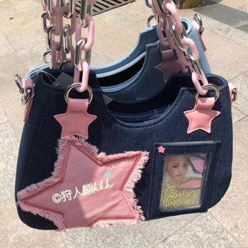 Y2K Vintage Κορεάτικη Ιαπωνική Μόδα Μασχάλη ώμου Harajuku Star Tote Τζιν τσάντα Messenger Γυναικεία τσάντα με αλυσίδα Τσάντες με φερμουάρ Τσάντες