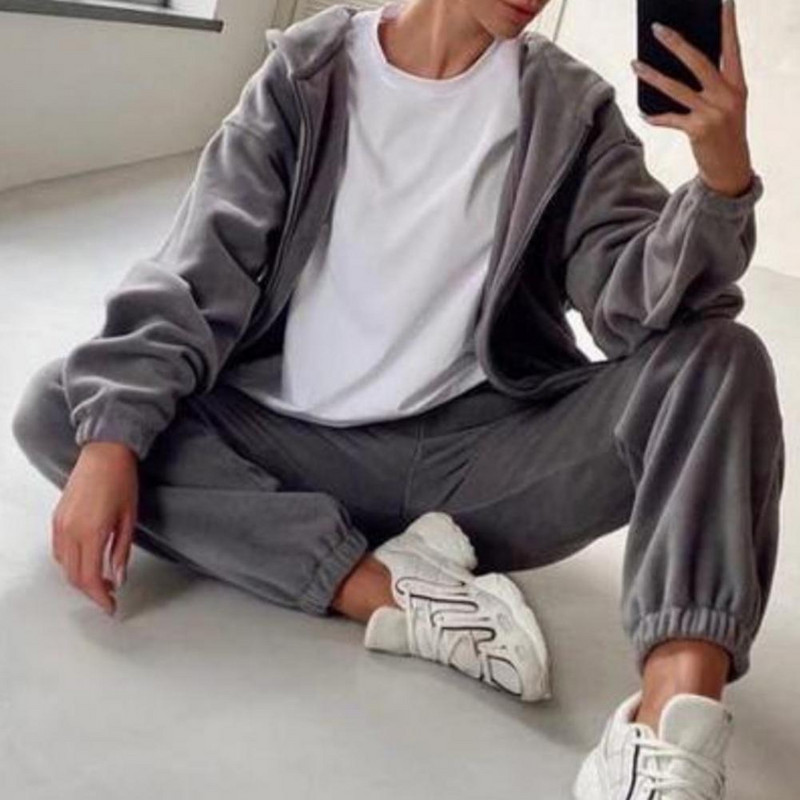 2бр. Удебелени поларени панталони Дамски спортни екипи Есен Зима Суичъри Панталони Комплект от две части Дамски анцуг комплекты одежды