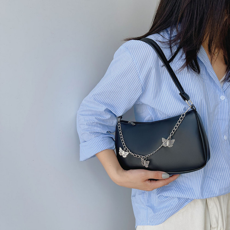 Retro kabelka cez rameno pre ženy, módna taška z PU kože, jednoduchá jednofarebná taška do podpazušia s motýľovým retiazkovým uchom a hornou rukoväťou.