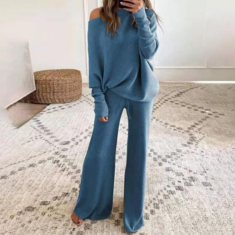 2vnt Rudeniniai žieminiai kelnių kostiumai Moteriški komplektai Megzti megztiniai viršutiniai plačios kelnės Dviejų dalių komplektas Moteriški sportiniai kostiumai комплекты одежды