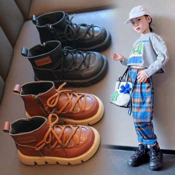 Модни детски ботуши с кръстосани връзки, кожени ботуши в британски стил, бебе, момче, момиче, ботуши с мека подметка, нехлъзгащи се ежедневни плоски обувки, големи детски обувки
