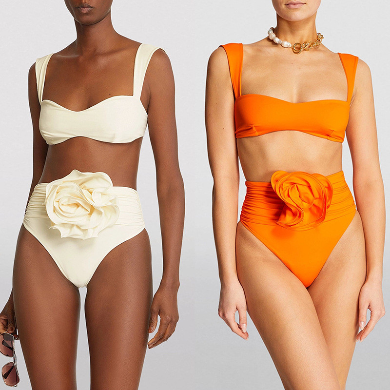 Μόδα 2023 Νέο μονόχρωμο μπικίνι σέξι μαζευμένο εξώπλατο τρισδιάστατο σχέδιο λουλουδιών σπαστό γυναικείο μαγιό Πορτοκαλί φύλλα μελάνης