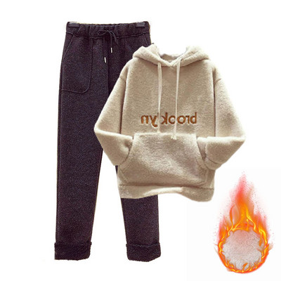 Ženska topla trenirka Zimska pamučna flis dvodijelna odijela Harem odijela s hlačama Ženska odijela s kapuljačom od baršuna s printom slova Mujer