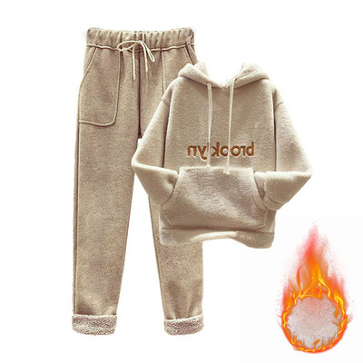 Ženska topla trenirka Zimska pamučna flis dvodijelna odijela Harem odijela s hlačama Ženska odijela s kapuljačom od baršuna s printom slova Mujer