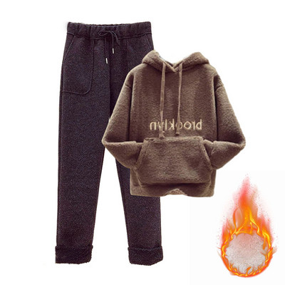 Ženska topla trenirka Zimska pamučna flis dvodijelna odijela Harem odijela s hlačama Ženska odijela s kapuljačom od baršuna s printom slova Mujer