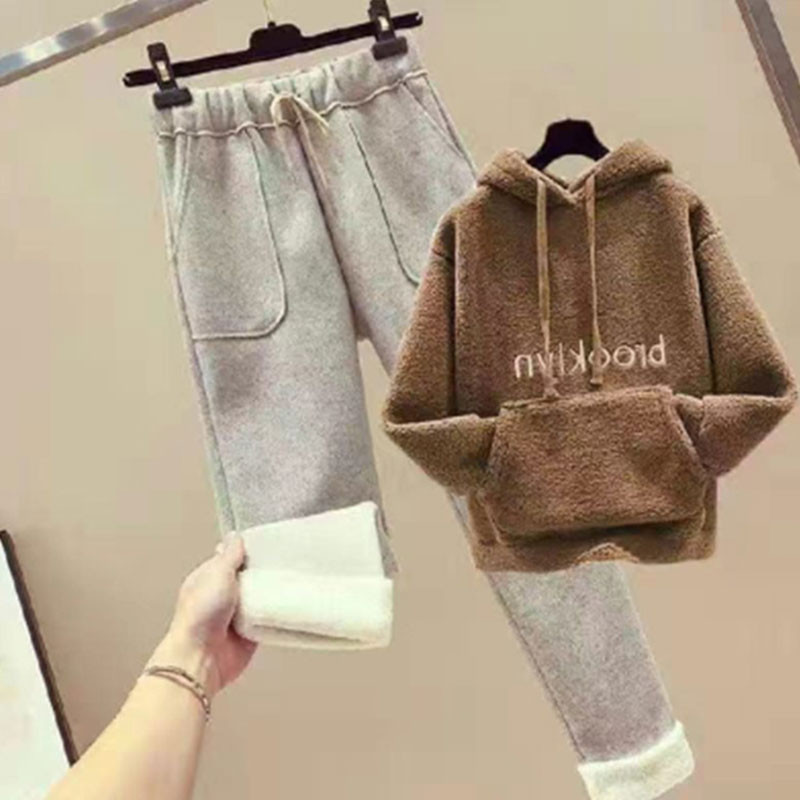 Ženska topla trenirka Zimska pamučna flis dvodijelna odijela Harem odijela s hlačama Ženska odijela s kapuljačom od baršuna s printom slova Mujer