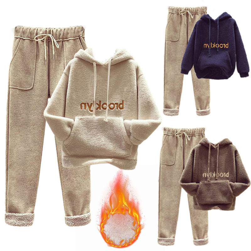 Ženska topla trenirka Zimska pamučna flis dvodijelna odijela Harem odijela s hlačama Ženska odijela s kapuljačom od baršuna s printom slova Mujer