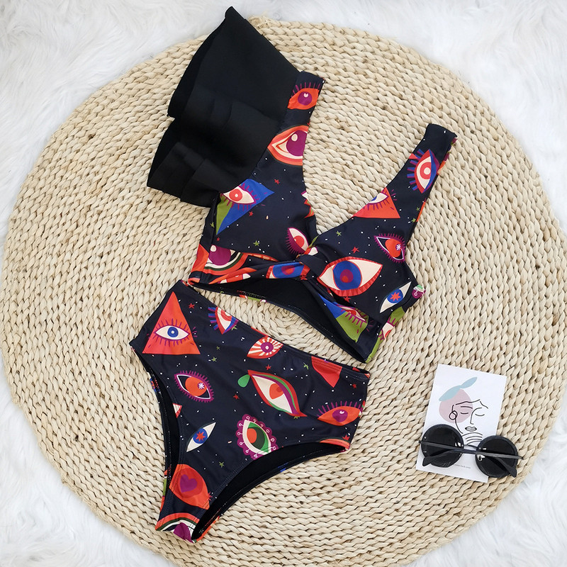 2023 Costum de baie nou, talie înaltă, cu un umăr, bikini cu volană, costum de baie imprimat pentru femei, îmbrăcăminte de plajă fără spate.