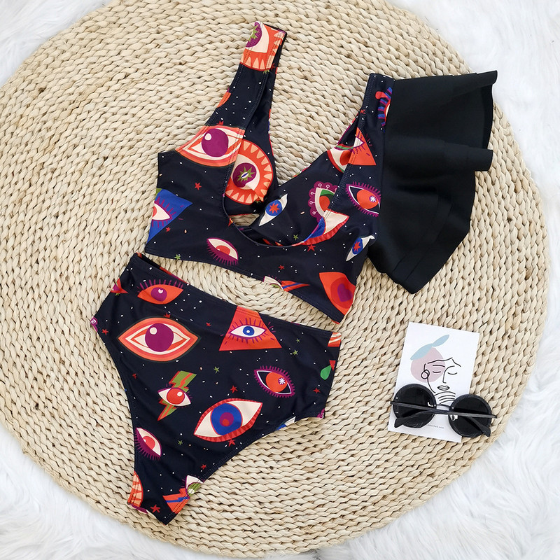 2023 Costum de baie nou, talie înaltă, cu un umăr, bikini cu volană, costum de baie imprimat pentru femei, îmbrăcăminte de plajă fără spate.