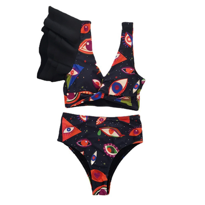 2023 Costum de baie nou, talie înaltă, cu un umăr, bikini cu volană, costum de baie imprimat pentru femei, îmbrăcăminte de plajă fără spate.