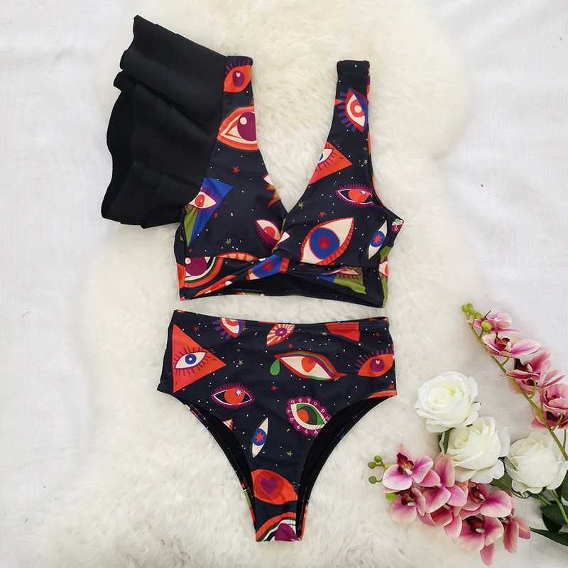 2023 Costum de baie nou, talie înaltă, cu un umăr, bikini cu volană, costum de baie imprimat pentru femei, îmbrăcăminte de plajă fără spate.