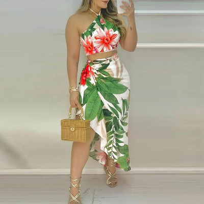 Καλοκαιρινή γιορτινή μόδα στάμπα Μαγιό Κάλυμμα λαιμού Top casual ακανόνιστη φούστα Σετ μαγιό παραλίας Φορέστε εξώπλατο μπικίνι