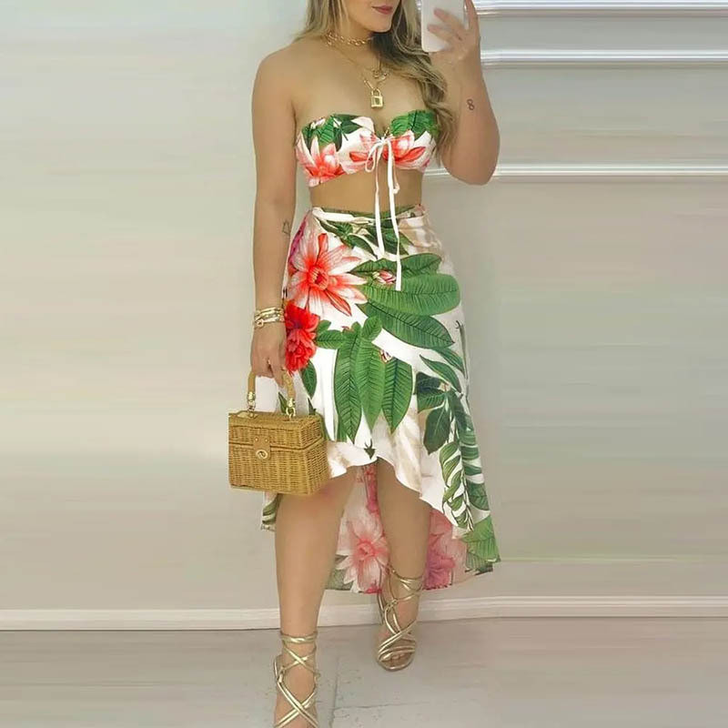 Καλοκαιρινή γιορτινή μόδα στάμπα Μαγιό Κάλυμμα λαιμού Top casual ακανόνιστη φούστα Σετ μαγιό παραλίας Φορέστε εξώπλατο μπικίνι
