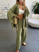 Letná kolekcia 2023, nová, zladená, bavlnená, konopná, set, kardigan s dlhým rukávom, vrchným vreckom, široké nohavice, elegantný dvojdielny set