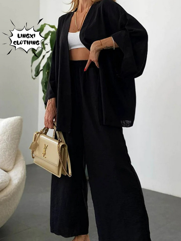 Letná kolekcia 2023, nová, zladená, bavlnená, konopná, set, kardigan s dlhým rukávom, vrchným vreckom, široké nohavice, elegantný dvojdielny set