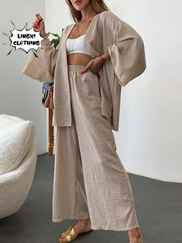 Letná kolekcia 2023, nová, zladená, bavlnená, konopná, set, kardigan s dlhým rukávom, vrchným vreckom, široké nohavice, elegantný dvojdielny set