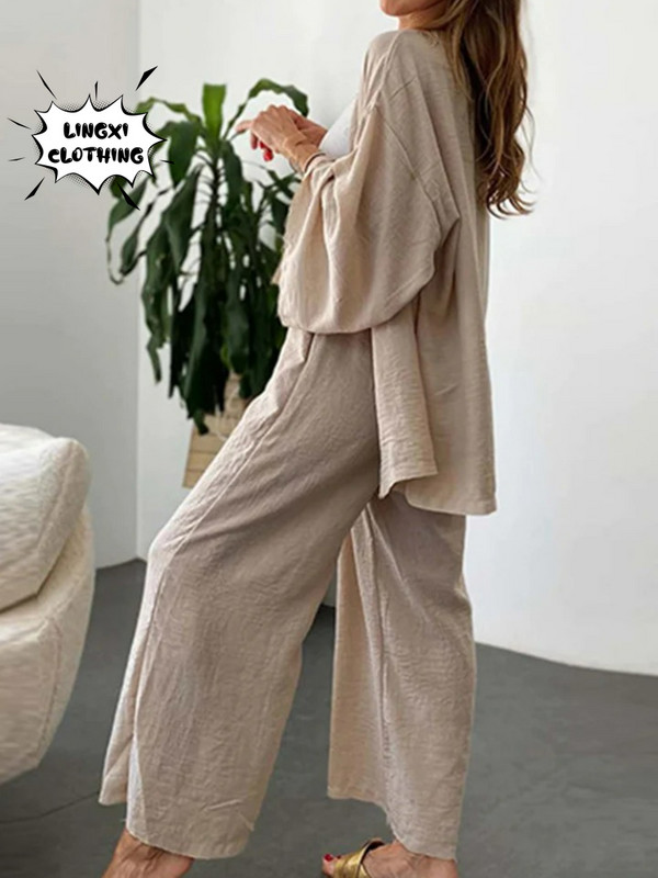 Letná kolekcia 2023, nová, zladená, bavlnená, konopná, set, kardigan s dlhým rukávom, vrchným vreckom, široké nohavice, elegantný dvojdielny set