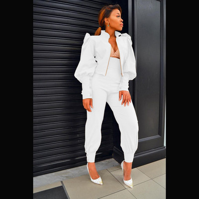 Set două piese pentru femei, cu fermoar, guler, cu mâneci bufante lungi, jachetă scurtă, topuri, pantaloni cu talie înaltă, costum de afaceri subțire