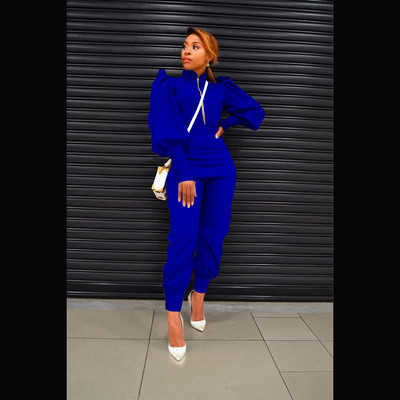 Set două piese pentru femei, cu fermoar, guler, cu mâneci bufante lungi, jachetă scurtă, topuri, pantaloni cu talie înaltă, costum de afaceri subțire