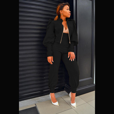 Set două piese pentru femei, cu fermoar, guler, cu mâneci bufante lungi, jachetă scurtă, topuri, pantaloni cu talie înaltă, costum de afaceri subțire