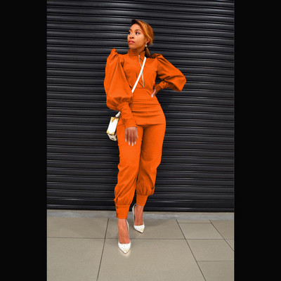 Set două piese pentru femei, cu fermoar, guler, cu mâneci bufante lungi, jachetă scurtă, topuri, pantaloni cu talie înaltă, costum de afaceri subțire