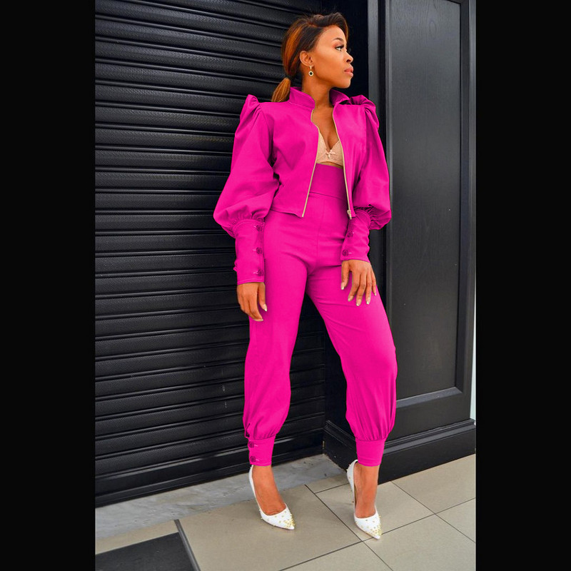 Set două piese pentru femei, cu fermoar, guler, cu mâneci bufante lungi, jachetă scurtă, topuri, pantaloni cu talie înaltă, costum de afaceri subțire