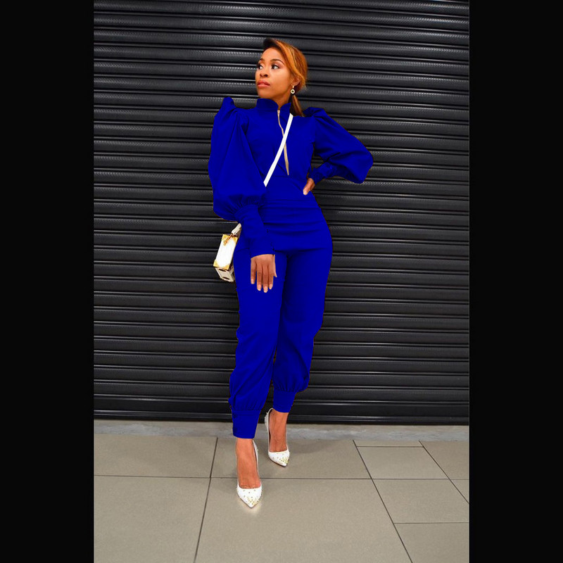 Set două piese pentru femei, cu fermoar, guler, cu mâneci bufante lungi, jachetă scurtă, topuri, pantaloni cu talie înaltă, costum de afaceri subțire