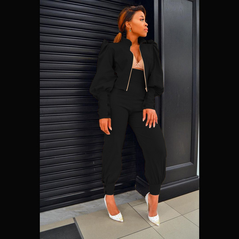 Set două piese pentru femei, cu fermoar, guler, cu mâneci bufante lungi, jachetă scurtă, topuri, pantaloni cu talie înaltă, costum de afaceri subțire