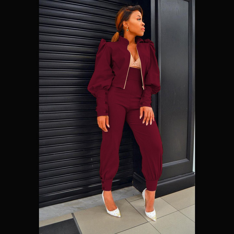 Set două piese pentru femei, cu fermoar, guler, cu mâneci bufante lungi, jachetă scurtă, topuri, pantaloni cu talie înaltă, costum de afaceri subțire