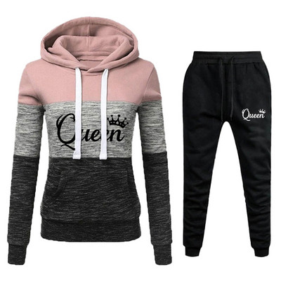 Uued trendikad naiste kolmevärvilised triibulised kapuutsikomplektid vabaaja pikkade varrukatega kapuutsidega + dressipüksid dressiülikonnad