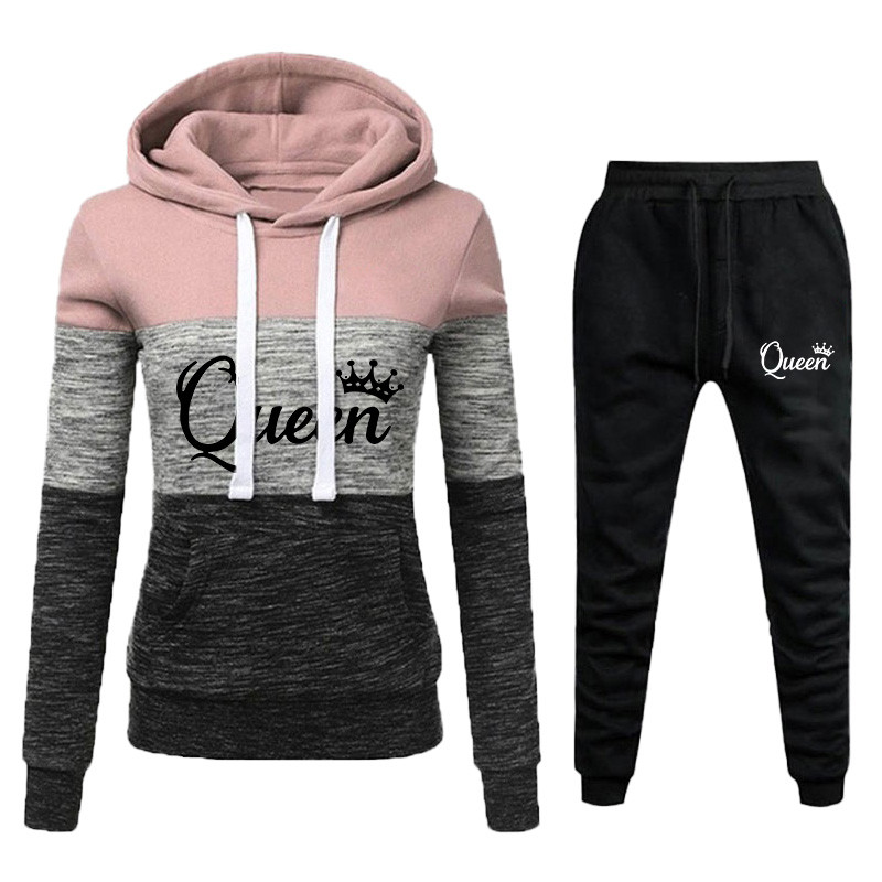 Uued trendikad naiste kolmevärvilised triibulised kapuutsikomplektid vabaaja pikkade varrukatega kapuutsidega + dressipüksid dressiülikonnad